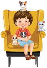 Rolgordijnen Smiling boy sitting with four cute cats on chair. © GraphicsRF