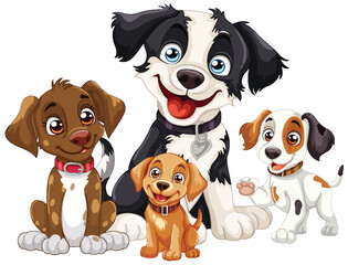 Four cute animated puppies smiling together