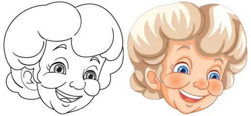 Deurstickers Black and white and colored illustrations of a happy elderly woman. © GraphicsRF