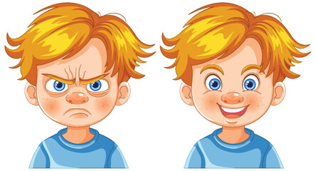 Illustration of a boy showing anger and happiness.
