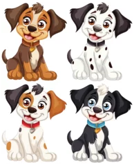 Gordijnen Four cute animated puppies with playful expressions. © GraphicsRF