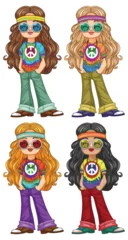 Deurstickers Four stylish girls in colorful retro outfits. © GraphicsRF