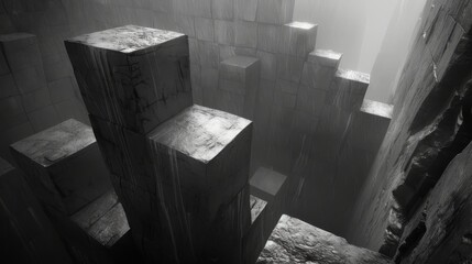 A monochromatic image featuring a collection of blocks arranged in a pattern