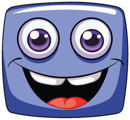 A happy square character with big eyes smiling.
