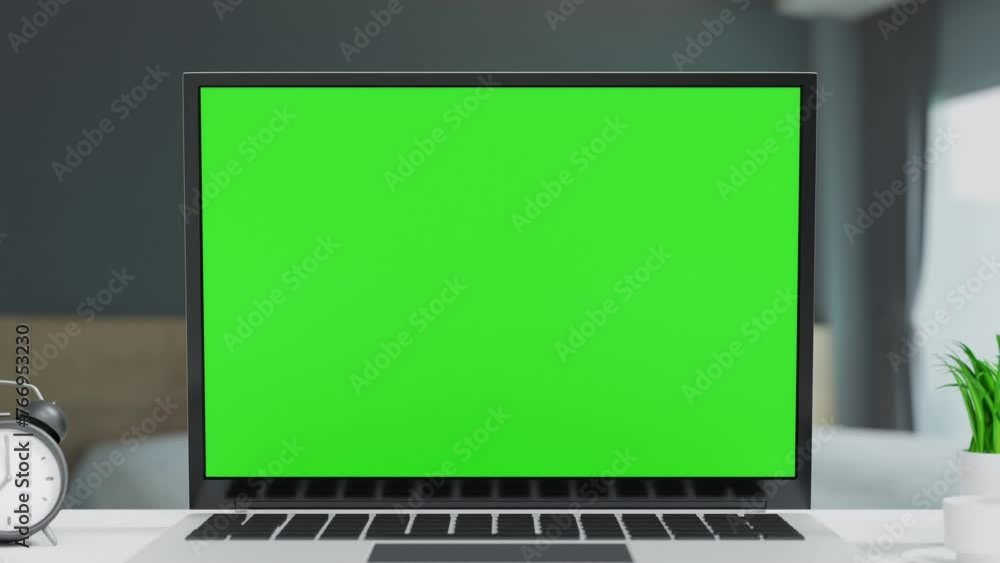 Canvas Prints laptop open to show green screen and zoom close up display in bedroom, application website presentat