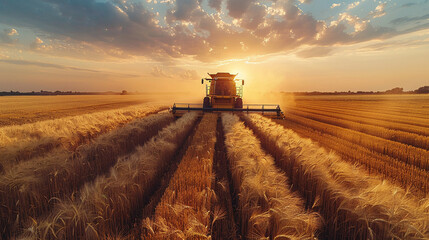 Combine harvester harvests wheat on the field