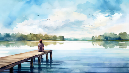 A woman sits on a dock by a lake, watching the sun set - obrazy, fototapety, plakaty