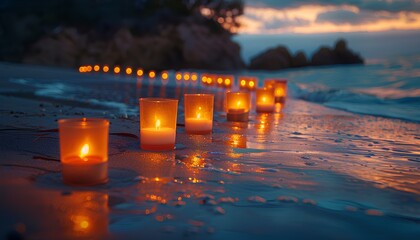 Candles burning on the beach as symbolism for tranquility and liberty. Candles on the beach in the...