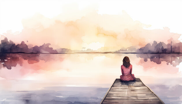A woman sits on a dock by a lake, watching the sun set