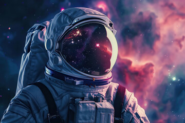 Generative ai on theme of astronaut flying in zero gravity against starry sky in deep dark space - obrazy, fototapety, plakaty