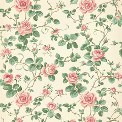 Vintage rose floral pattern wallpaper in pink and green on a cream background, with small roses, leaves and vines