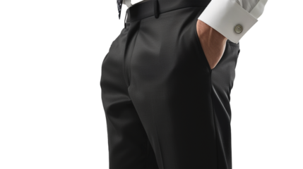 A sleek men's dress pant, tailored to perfection, its clean lines and sharp creases accentuated against a white transparent background