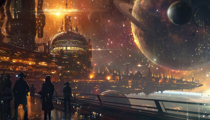 A group of people are walking on a bridge in front of a city with a large planet