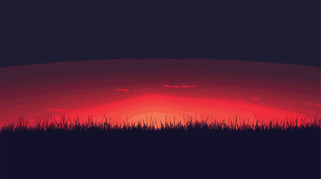 Rendering of a dark sky with red sunset in a grass 