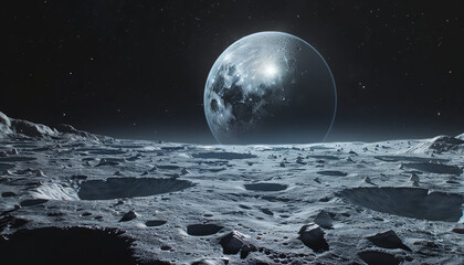 A large moon is in the sky above a rocky, barren landscape - Powered by Adobe