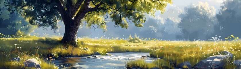 Cottonwood Tree by a Serene Summer Stream Verdant and Glowing with Nature s Ethereal Beauty - obrazy, fototapety, plakaty