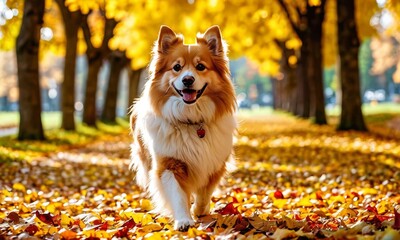 A joyful Corgi walks along a tree-lined path covered in golden autumn leaves. The warm sunlight filters through the foliage, highlighting its fluffy coat. AI generation