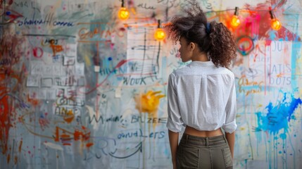 Beautiful young African American woman thinking or wondering. Contemplating. Back or back view with...