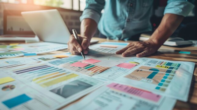 Creativity, artist, creator, designer, meeting, drawing graphics on graphic sheets and color samples. concept of creativity