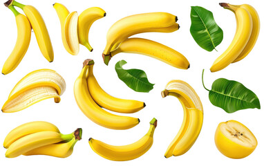 A Collection of Fresh, Ripe Baby Bananas Adorned with Leaves isolated on transparent Background