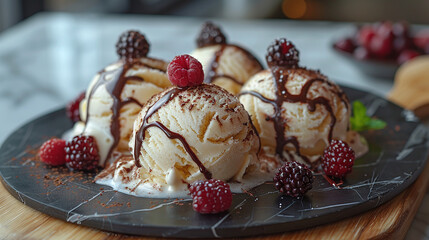 Ice cream with berries on a black plate. Restaurant serving dessert