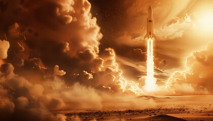 A rocket is launching into space, surrounded by clouds and a bright sun