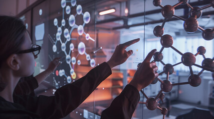 a scene in a high-tech lab where scientists are using a large, transparent touchscreen to manipulate 3D models of molecules