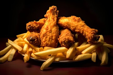Fototapeta premium Delicious dish of chicken wings in batter with potatoes
