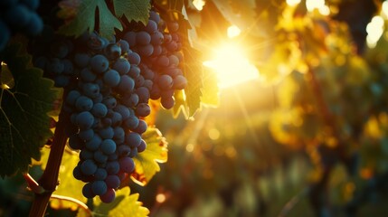 Sunset glow on vineyard grapes. Sunset light filters through grape leaves, casting a warm glow on a bunch of ripe grapes in a vineyard - obrazy, fototapety, plakaty