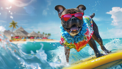 Obraz na płótnie Canvas Beach Fun: Adorable Dog in Hawaiian Attire by the Ocean - Summer Holidays Concept