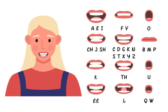 Lip sync collection for animation. Cartoon female character. Vector illustration.