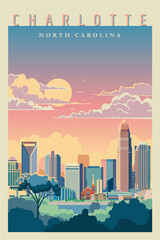 Charlotte city sunset retro poster colored vector illustration, North Carolina	 - 766955222