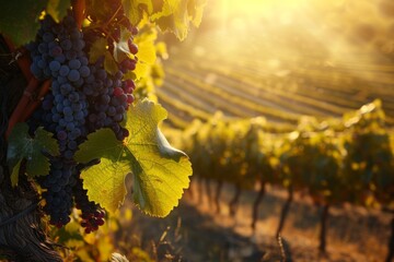 A vineyard at sunset with sunlight highlighting the ripening grape clusters and vine leaves
