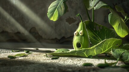 A frightened animated pea pod character cowers among fallen leaves under a beam of light in a moody garden setting. - obrazy, fototapety, plakaty