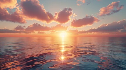 Glow: A sunset over a calm ocean, with the sun casting a warm glow over the water - obrazy, fototapety, plakaty