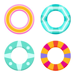 Inflatable ring. Swimming pool circle toys. Donut, rainbow, watermelon, beach life buoy. Summer floating swim rings top view vector set. Round object for rest or relax on sea water