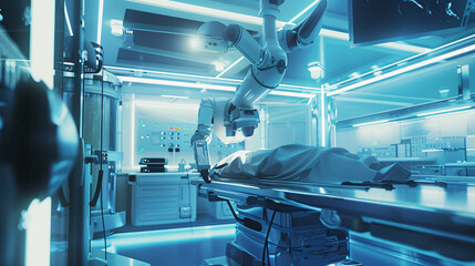 a futuristic operating room where a robotic surgeon is performing a complex procedure - obrazy, fototapety, plakaty