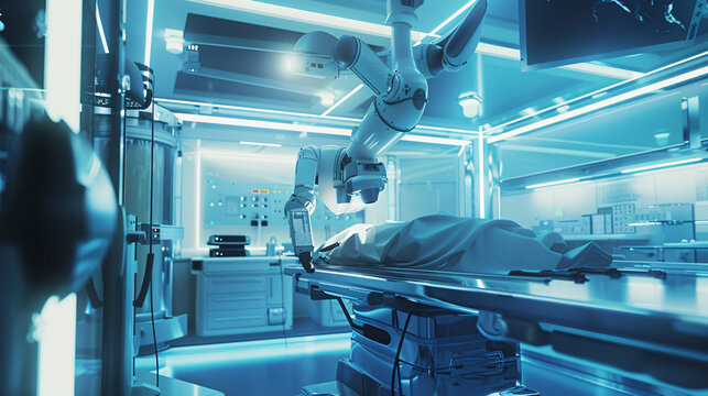 a futuristic operating room where a robotic surgeon is performing a complex procedure - Powered by Adobe