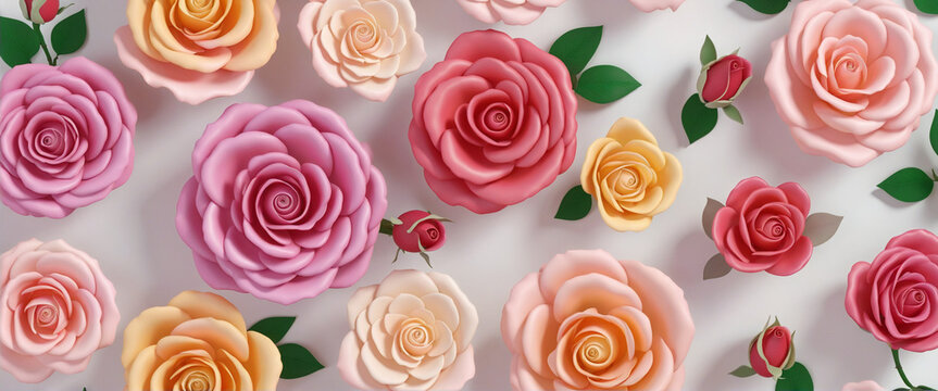 Set of colorful 3d render rose blossom, isolated beautiful flowers illustration on transparent background colorful background