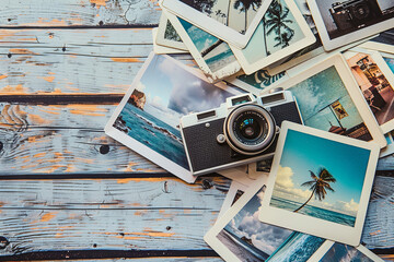 Collection of vintage polaroids depicting travel memories on a wooden surface