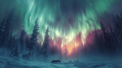 Northern Lights Display Over Snowy Forest and Cabin With Wolves Howling - obrazy, fototapety, plakaty
