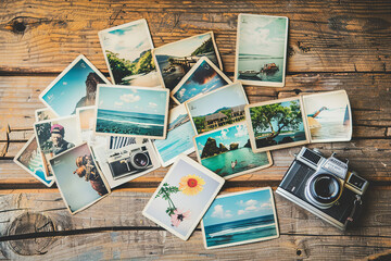 Fototapeta na wymiar Collection of vintage polaroids depicting travel memories on a wooden surface