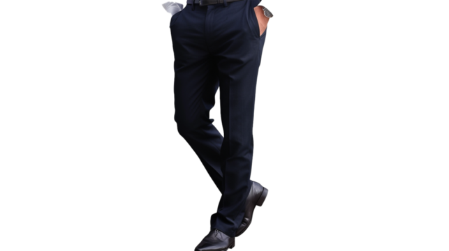 A sophisticated men's dress pant, exuding elegance and class, its sleek profile and versatile style accentuated against a transparent white background