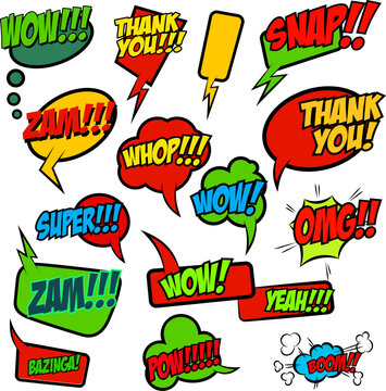 Set of comic text, Pop art style phrases. Waw, Pow, Bang-Bang, Super!, Bazinga, Oops! Vector design elements.