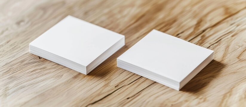 Two empty vertical business cards displayed in a closeup mockup on a light wooden background.