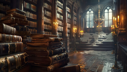 A library with many books and candles on a table - obrazy, fototapety, plakaty