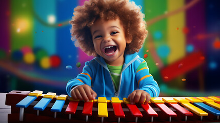 Little musician playing a colorful xylophone with a big smile - obrazy, fototapety, plakaty