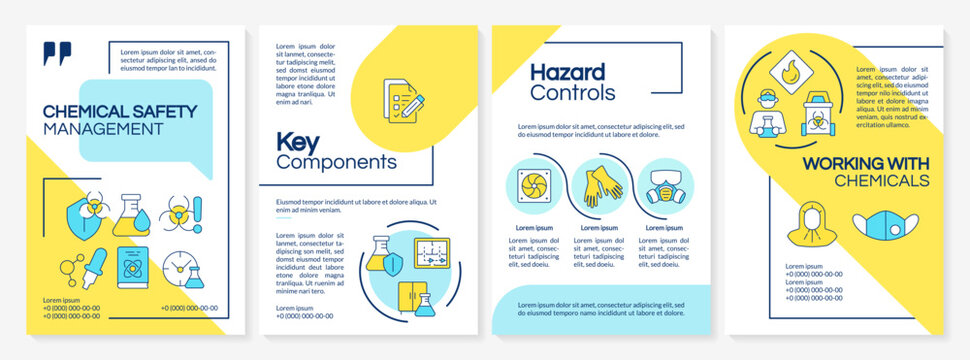 Toxic products safety control brochure template. Risk assessment. Leaflet design with linear icons. Editable 4 vector layouts for presentation, annual reports. Questrial, Lato-Regular fonts used