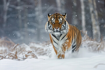 Fototapeta na wymiar Amur tiger running in the wild winter landscape