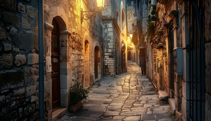 Fototapeta na wymiar A dark alleyway with a street lamp in the middle